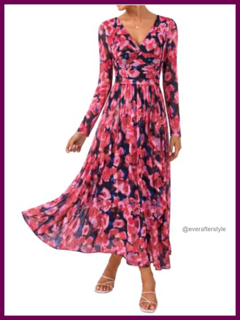 Women Long Sleeve Floral Mesh Maxi Dress V-Neck Twist Front A-Line Formal